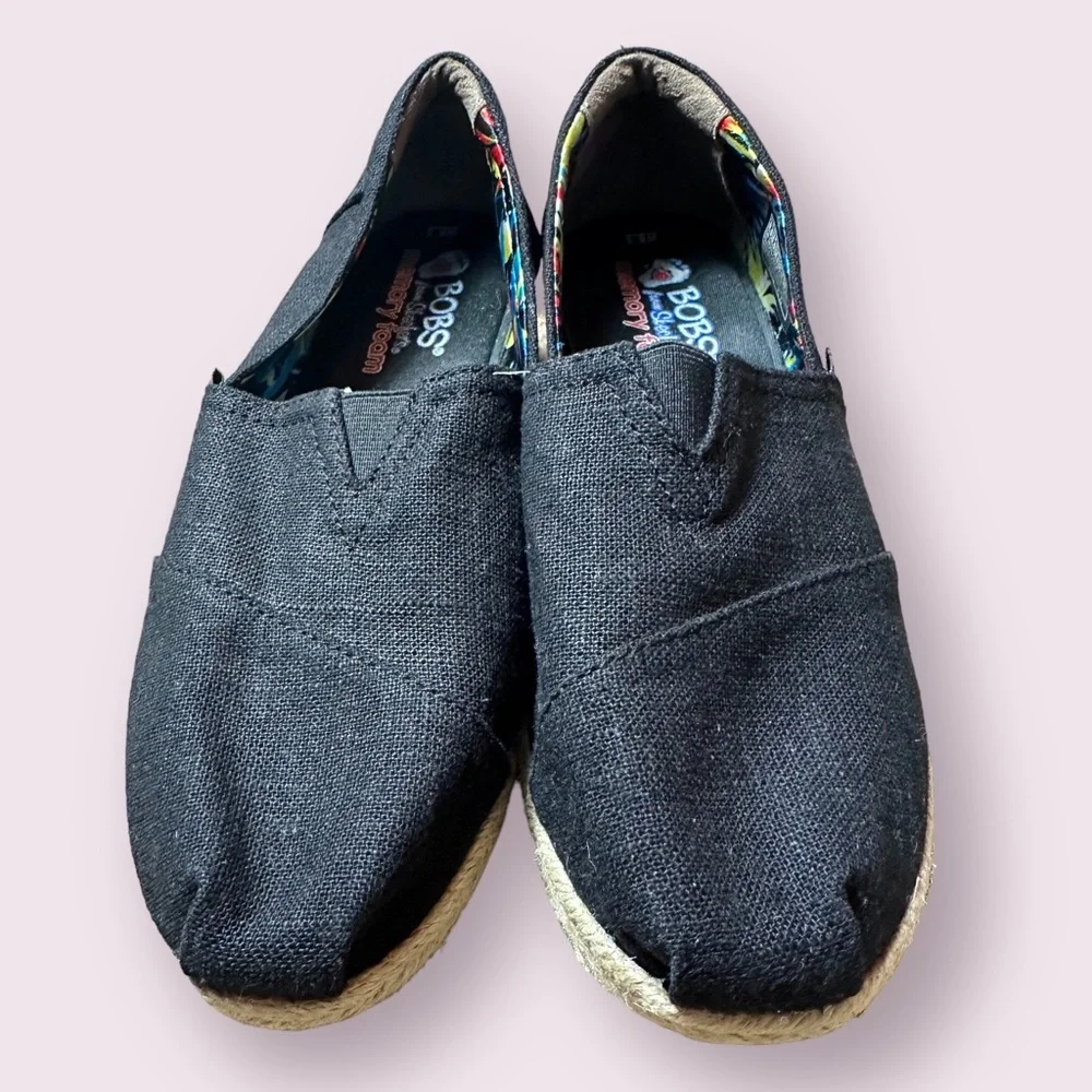 Bobs By Skechers Black Espadrille Women's Slip On Wedge Shoes Sz 8.5 Memory Foam